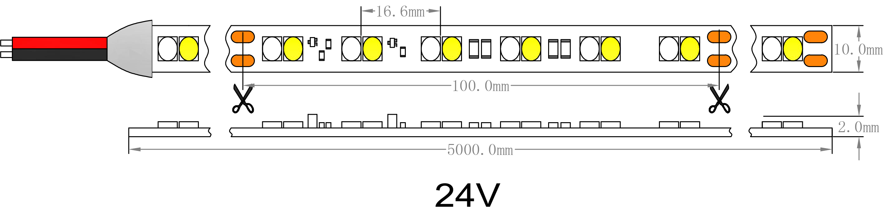 Dimensi&oacute;n de la tira de luz LED tenue a c&aacute;lida