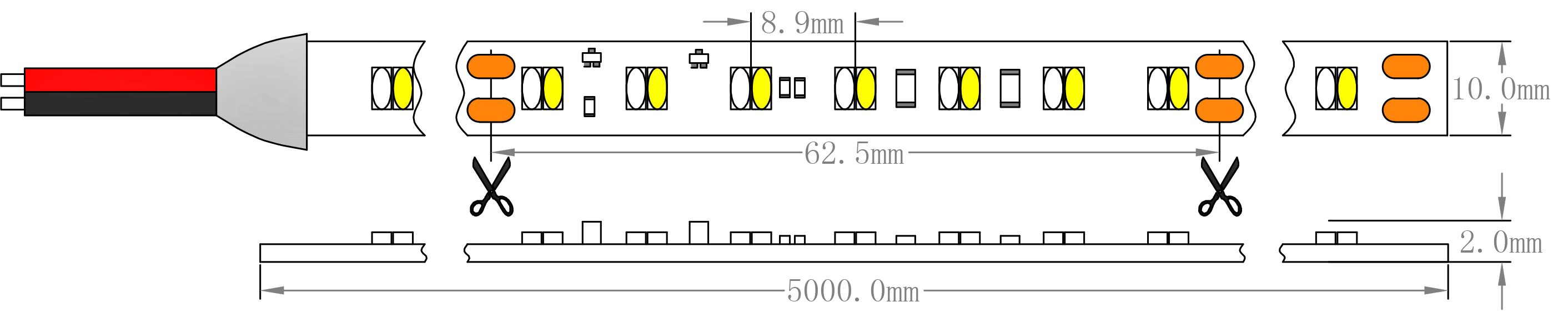 Dimensi&oacute;n de la tira de luz LED SMD2216 de tenue a c&aacute;lida
