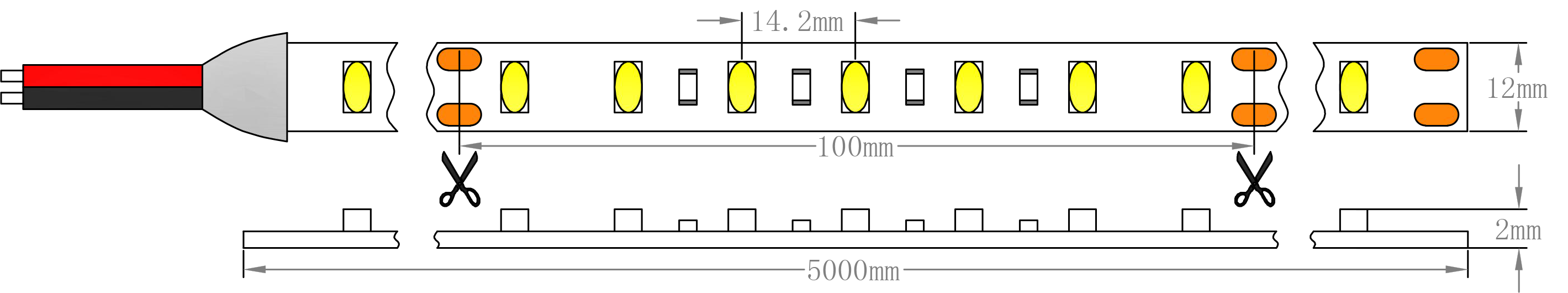 Dimensi&oacute;n de la luz de tira de SMD2835 14.4W LED
